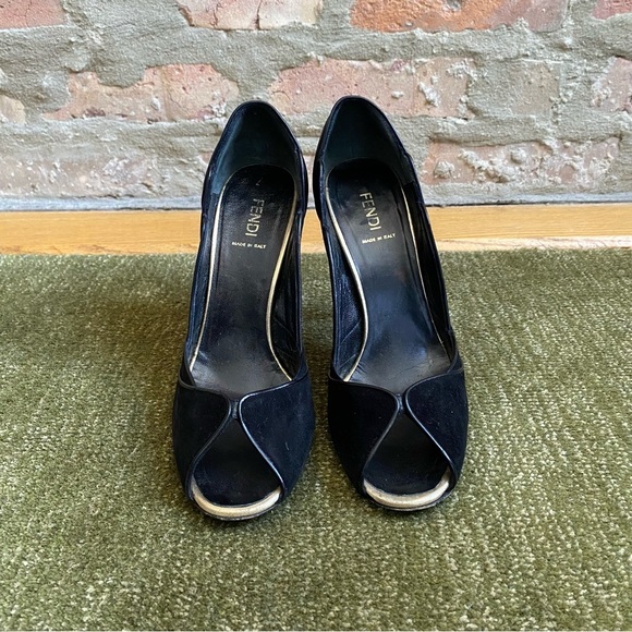 Fendi Black Suede Leather Open-Toe Pumps, Size 37 EU 6.5 US - Picture 2 of 10